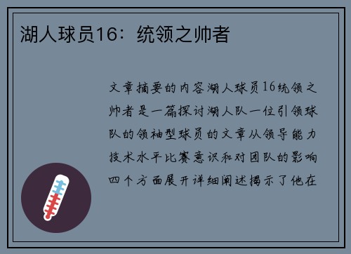 湖人球员16：统领之帅者