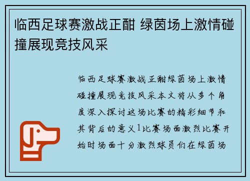 临西足球赛激战正酣 绿茵场上激情碰撞展现竞技风采